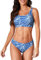 iSLASISIA Damen Sport Badeanzüge Zweiteiliger Crop Top Gerippter Bikini mit frechem Unterteil（Blaues Netz,EU42）