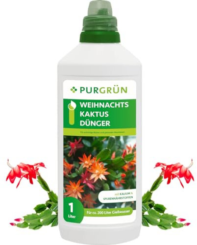 Purgrün® Weihnachtskaktus-Dünger 1 Liter – Spurennährstoffe für prächtige Blüten – Extra Kalium stärkt die Widerstandskraft – Ergiebiges Konzentrat für 200 Liter Gießwasser – Premium-Flüssigdünger