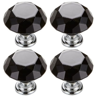 Generic 4 Pack Black Diamond Crystal Glass & Zinc Alloy Cabinet Knobs, 30 mm x 15 mm x 30 mm, Suitable for Cabinet, Drawer, Dresser, Cupboard, Office Furniture