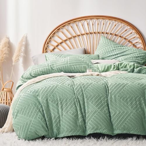 AShanlan Boho Getuftete Bettwäsche 200x220 Grün Bohemian Style Bettbezug und 2 x Kissenbezug 80x80 cm Superweich Gewaschene Microfaser Geometrisch Bettwäsche Set mit Reißverschluss