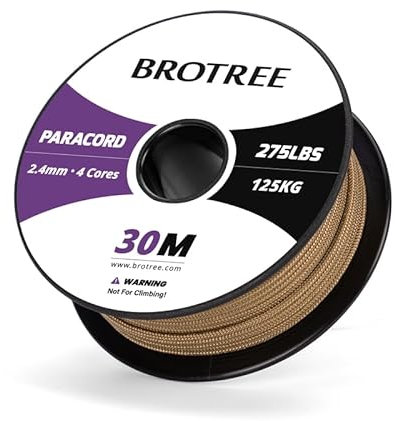 Brotree Paracord 2,4 mm 275lb Cuerda Nylon 30M 4 Hebras Cuerda Paracaídas Bobina para Exterior, Artesanía, Bricolaje - 125 kg Carga de Rotura (Marrón Oscuro)