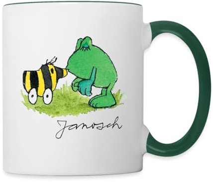 Spreadshirt Janosch Frosch Tigerente Kuss Tasse Zweifarbig, One size, Weiß/Dunkelgrün