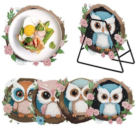 4 Stück Diamond Painting Geschirrmatte Platzset, Holz Wärmedämmungs-Tischset, Anti-Rutsch Diamant Malerei Tischsets Runde mit Aufbewahrungsregal für Esszimmer, Tisch, Küche (11-Eule)