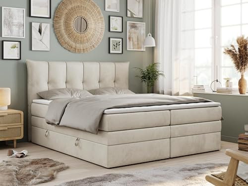 MKS MEBLE King Boxspringbett 160x200, Boxspringbett 160x200 mit Bettkasten und Matratze H3, Polsterbett 160x200 mit Matratze, Bett 160x200 mit Bettkasten - PREMIUM-10-KING- Beige Velvet - H3