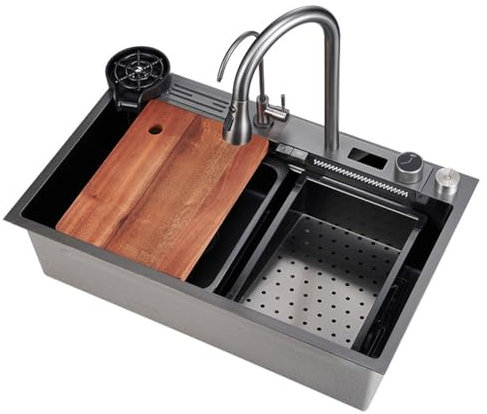 Évier Cuisin, Evier Inox Grand Bac avec, Lavabo Cuisine avec Trous pour Robinets et Distributeur de Savon A,75 * 46cm