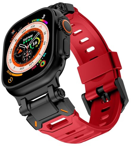 Shesyuki Watch Band Compatible for Apple Watch Ultra 2 Band 49mm 45mm 44mm 42mm, Men Luxury Fluororubber Rugged Silicone Strap with Metal Connector for iWatch Ultra Series 9 8 7 6 5 4 3 2 1 SE