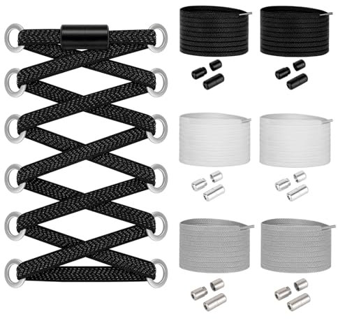 Widamin 6 Paar Flache Elastische Schnürsenkel mit Metallverschluss - Schnürsenkel Ohne Binden - Gummi Schuhbänder - Schnellschnürsystem - No Tie Shoelaces -Schwarz-Weiß-grau