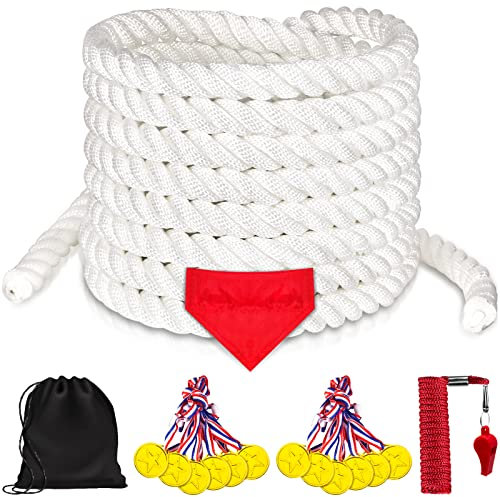 ZEROMX Tug of War Rope for Kids and Adults - 60Ft Tug of War Rope with Flag,Field Day Game,Carnival Games, Outdoor Games for Family - White