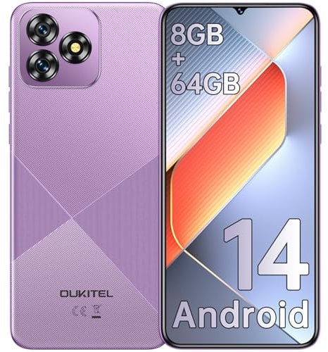 OUKITEL C53 Mobile Phones 2024, 6.6 HD+ Waterdrop Screen Android 14 Phone, 4300mAh Smartphone, 8GB+64GB/1TB Octa Core, 13MP Main Camera, 4G Dual SIM Free Unlocked, Face ID/GPS/3.5mm Jack, Purple