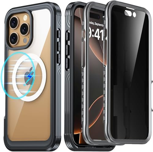 AMILIFECASES for iPhone 16 Pro Max Case Magnetic, Fit for MagSafe, [Built-in 9H Tempered Glass Screen Protector + Privacy Screen Protector] 360 Full Body Bumper Case for iPhone 16 Pro Max - Black