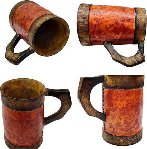 NAVIROCK Chope en bois rustique faite à la main avec revêtement en cuir sculpté à la main pour bar, boisson, ancre roue, tasse en bois