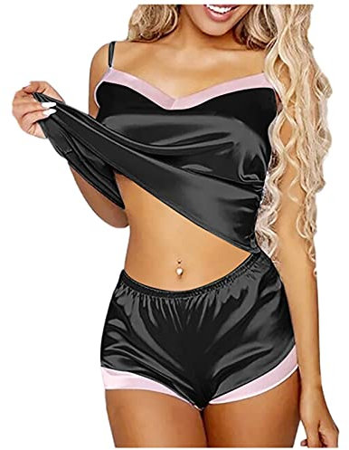 Comfort Bra with Support Sets Camisole Lingerie Set Pajamas Underwear Sleepwear Shorts Women Women's Fashion Sexy Set Sexy Nightwear Lingerie Lace Bra Cups Sew in (Black, XL)