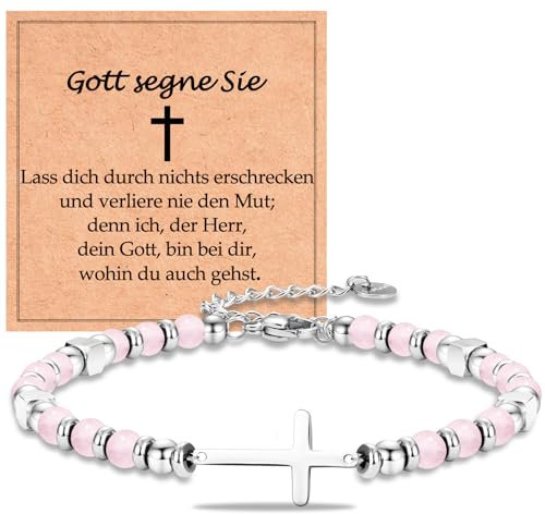 WOVEE Kreuz Armband Rosa Kristall Pink Christliche Cross Kreuz 18cm Kommunion Geschenke für Damen Frauen
