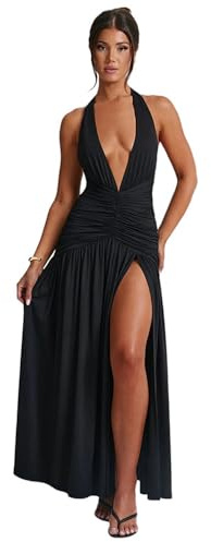 RPAEOY Vestito Donna Elegante Maxi Lunga Profondo Scollo a V Schiena Scoperta Sexy Spacco Abito Slim Festa Cocktail da Damigella della Sera e Cerimonia Matrimonio