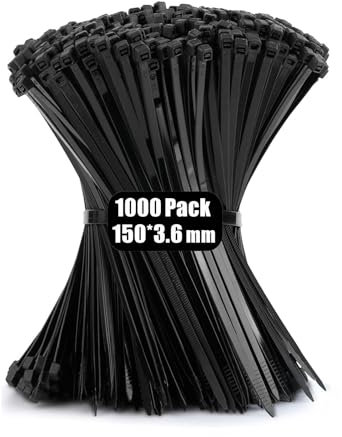 Viuxule Cable Ties 1000pcs, 3.6x150 mm Zip Ties Black, 6 inch Industrial Nylon Tie Wraps UV-Resistant, Plastics Self-Locking Strength 18 kg for Gardening, Home, Office, Workshop, Indoor and Outdoor