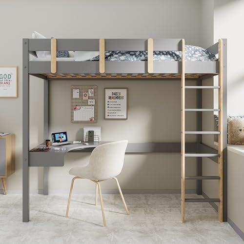 Blisswood Bunk Bed, 3ft Single Loft Bed With Study Desk & Ladder, Wooden High Sleeper Bed, Kids Bunk Bed, Solid Pine Wood Single Bed frame For Kids Children Home (Light Grey)