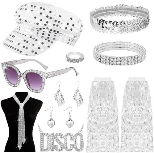 10Pcs 1970s Disco Accessories Set for Women - Sparkly Sequins Beret Hat, Leg Warmers, Earrings, Bracelet, Ring, Headband - 70s/80s Theme Party Fancy Dress Kit