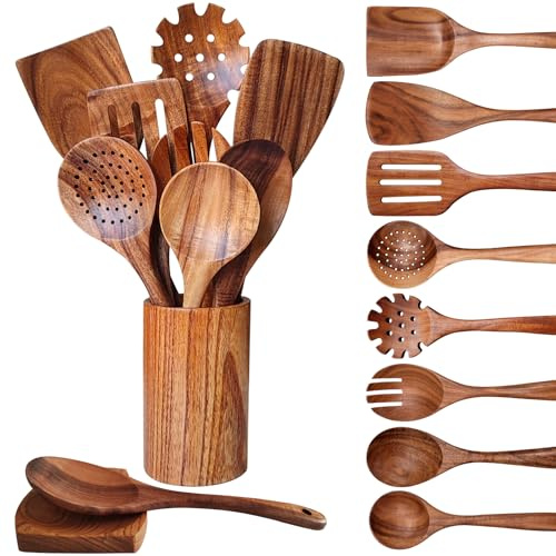 Wooden Spoons for Cooking 10 Pieces Set, Teak Kitchen Utensils Spatula, Wooden Cooking Utensils Spoons, with Spoon Rest, Strainer Spoon, Pasta server, Fried Spatula and Salad Fork, Utensil Holder
