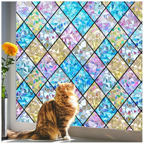 Beautysaid Rainbow Stained Glass Window Film Privacy Pastel 90x200cm | Static Cling 3D Diamond No Glue Sun Catcher UV Protection Anti Glare for Bathroom Bedroom Living Room Sash Windows Removable