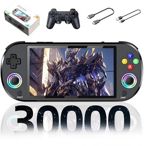 M22 Pro Retro Handheld Spielekonsole Retro Konsole,30000+ Spiele,30+ Emulatoren,EmuELEC System Tragbare Spielkonsole,5-Zoll-IPS Farben RGB Bildschirm,mit Drahtlosem Controller,3000mAh (Schwarz-128G)