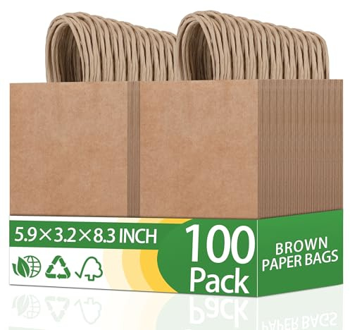 OEMVALATY 100Pcs 5.9x3.2x8.3 Inch Small Brown Paper Bags with Handles Bulk Gift Wrap Bags Kraft Paper Gift Bags for Birthday Party Favors Grocery Retail Business Shopping Merchandise Goody Craft Bags