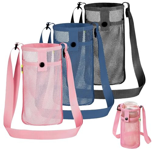 3Pcs Water Bottle Holder with Strap: Mesh Bottle Carrier - Carrying Pouch Sleeve with Adjustable Shoulder Strap - Ideal for Outdoor Hiking, Camping, Gym, Walking & Travel Pouch (Pink, Black, Blue)