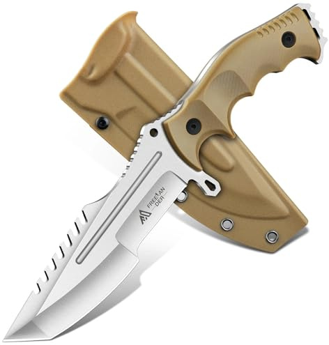 Freelander Outdoor Messer Survival, Feststehende Klinge aus D2 Stahl | Full Tang Survival Messer mit Kydex Scheide, Bushcraft Campingmesser, Geschenke für Männer Outdoor, Khaki