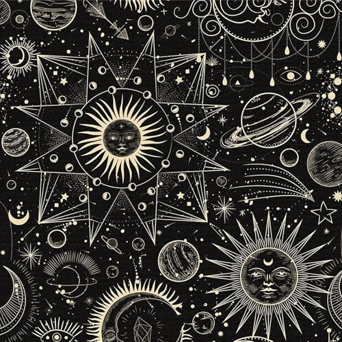 ANLIKY-Pro Papier Peint Autocollant Mystique Rétro Soleil Lune Étoiles Univers,Style Tarot Astrologie Noir,Film Adhésif Décoratif pour Chambre Salon Meubles,44x600cm,Bohème Chic Décoration
