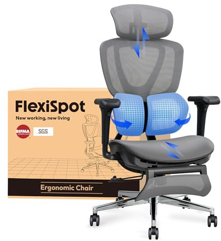 FLEXISPOT OC8 SENTINEL Ergonomic Office Chair with Footrest – Dual Wing Lumbar, 3D Headrest, 3D Armrests, Adjustable Seat Depth & Backrest Height,Dark Grey