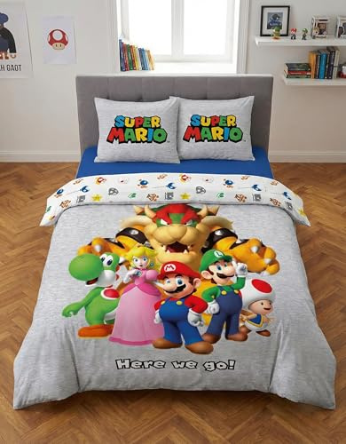 Super Mario Doppelbettwäsche 240x220 + 2 Kissenbezüge 65x65 Wendbar | Wendebettwäsche | Mikrofaser ultra weich schnelltrocknend | Mario Luigi Peach Yoshi Bowser Toad | 2 Designs | Geschenk