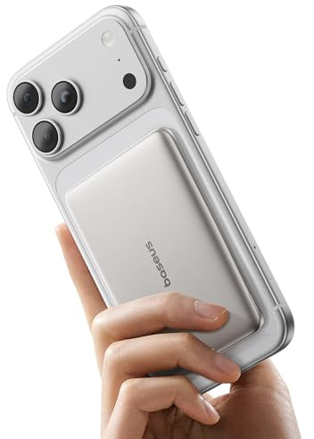 Baseus Picogo AM41 Power Bank, Ultra Slim 5000mAh Magsafe Powerbank, Ricarica PD da 20 W, Portatile, Magnetico Batteria Esterna Wireless per iPhone 17/16/15/14/13/12, Titanio