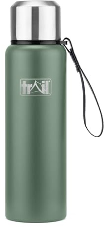 Trail Vacuum Flask with Strap, Camping & Travel, 800ml, Green | Double-Walled Insulation, Stainless Steel, Hot 12hrs & Cold 24hrs, Twist-&-Pour Stopper, Lid Doubles as Cup, Detachable Strap
