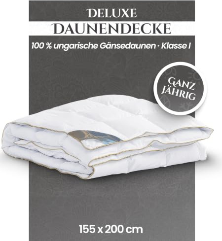 Aura® Luxury Ganzjahres Daunendecke 155×200 cm – Deluxe 100% neue weiße ungarische Gänsedaunen Klasse I – ausgewogener Schlafkomfort für Frühling & Herbst – Oeko-TEX® Standard 100 – allergikergeeignet
