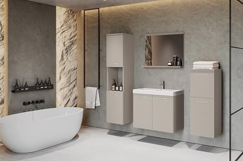 MINIO go for it - Badmöbel Set 4-Teilig Molo, Badezimmer Spiegel mit Ablage, Waschbecken mit Unterschrank, Hängeschrank, Badezimmermöbel Set, Farbe: Cashmire beige