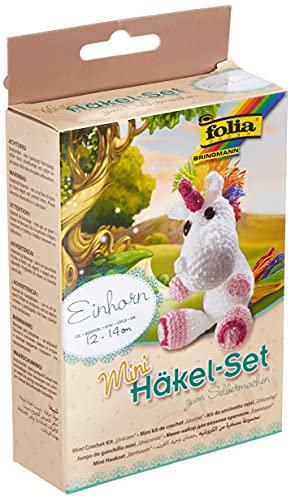 folia 23910 - Mini Häkelset Einhorn, Komplettset zur Erstellung von einem selbst gehäkelten niedlichen Einhorn, ca. 12 - 14 cm groß, für Kinder ab 8 Jahren und Erwachsene, als Geschenk