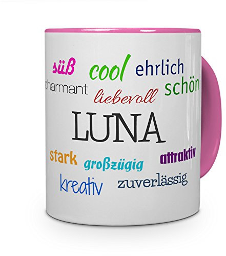 printplanet Tasse mit Namen Luna - Positive Eigenschaften von Luna - Namenstasse, Kaffeebecher, Mug, Becher, Kaffeetasse - Farbe Rosa