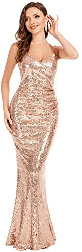 Ever-Pretty Abito Damigella Donna Donna Sirena Paillettes Scollo a V Petto Basso Senza Maniche Stile Impero Lungo Oro Rosa 52
