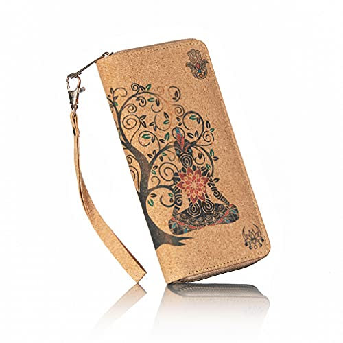 Big Buddha Veganes Kork Leder - Zip Around börse für Damen - Spirituelles Design Lebensbaum Ganesh Hamsa Om Symbol & Lotusblume mit Mondphasen Nachhaltig & Tierversuchsfrei Billetera para Mujer