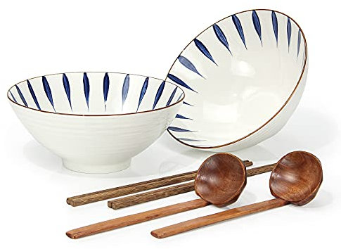 Tableware Ramen Bowl Ceramic Set of 2 - Porcelain Noodles Bowls Dinner Sets for Pasta Soup Pho Mixing Salad Dishes Snack cereal Food with Spoons Chopsticks Kit 1100 Ml for New Home House Warming Gifts