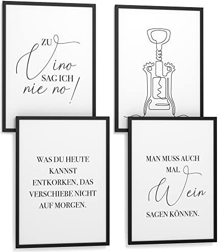 Papierschmiede® Premium Spruchposter Set 4er 30x40 cm, Motiv: Wein, Italien Pasta zu Vino sag ich nie no, Poster mit Sprüchen, Motivation Bild, für Küche Wohnzimmer - ohne Bilderrahmen