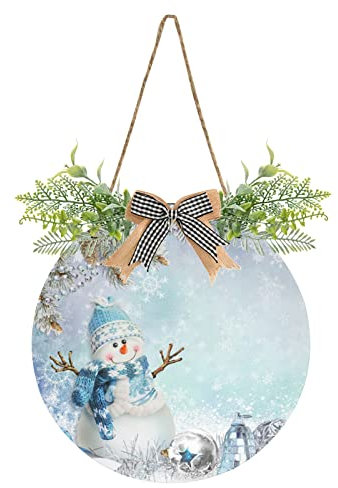Winter-Schneemann-Kranz-Türhänger für Haustür mit karierter Schleife, Schneeflocke, silberfarbene Kugel, rundes Türschild, 30,5 cm, Kranz, Veranda, Outdoor-Dekorationen, Einweihungsgeschenke