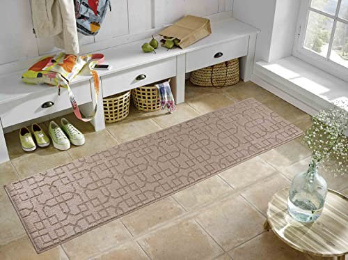 IVY Washable Door Mat Kitchen Mats Non Slip Cubed Trellis Design Kitchen & Hall Runners Doormats, Beige, 60x220 cm
