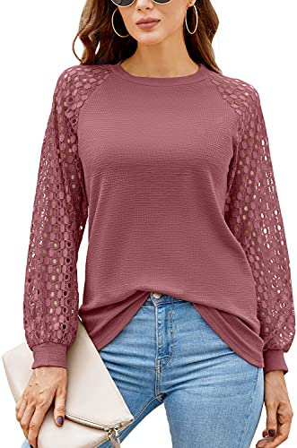DEARCASE Camicia Donna a Manica Lunghe Top Casual Magliette Donna Camicia Eleganti Scollo a V Pizzo Manica Bluse T Shirt Tops, Rosa L