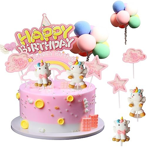 REDO 3D Einhorn Prinzessin Geburtstag Kuchen Dekoration Rosa Romantische Tortendeko Baby Party Torte Deko Kuchen Topper Cupcake Toppers Set für Mädchen Kinder (3D Einhorn)