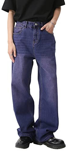 ORANDESIGNE Jeans da Uomo Pantaloni di Denim Pantaloni Lavati Vintage Jeans con Tasche Primavera Estate Moda Loose Jeans con Cerniera Pantalone a Gamba Larga Gamba Dritta Jeans G Viola S