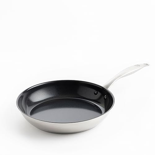 GreenChef Profile Plus Healthy Ceramic Non-Stick Stainless Steel 28cm Frying Pan Skillet, PFAS Free, Suitable for all hobs including Induction, Heavy-Duty,Oven safe up to 200˚C,Silver & Black Interior