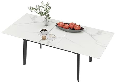FATIVO Mesa Comedor Extensible Mármol de Cocina: Mesa de Comedor Rectangular con Patas de Metal (160_x_80_cm, Blanco)