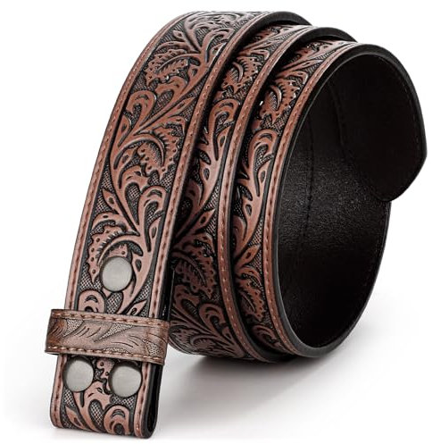 BELTROAD Gürtel Ohne Schnalle Herren, Ledergürtel Ohne Schnalle Western Gürtel Wechselgürtel für Cowboy Cowgirl Jeans Gürtelschnalle Geschenkm, 3.8CM Breit, Blattmuster, Kaffee, 110cm
