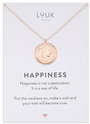 LUUK LIFESTYLE Collar de estilo vintage boho antiguo con colgante Cleopatra, medallón de mujer original, tarjeta frase HAPPINESS, oro rosa