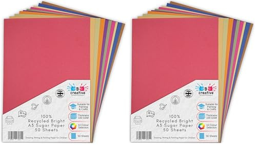 Be Creative A3 Recycled Sugar Paper Bright Colours 50 Large Sheets in 10 Assorted Colours, Great for Kids Arts & Crafts, Drawing, Painting & Scrap Booking. 42 x 30cm Sheet Size (Pack of 2)